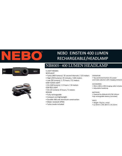 nebo einstein 400 lumen rc headlamp